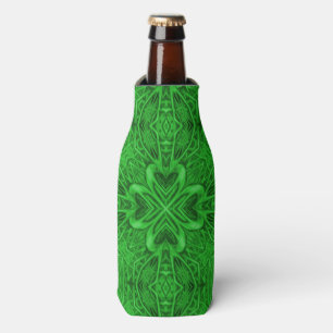 Celtic Clover Vintage Green Fractal Kaleidoscope Bottle Cooler