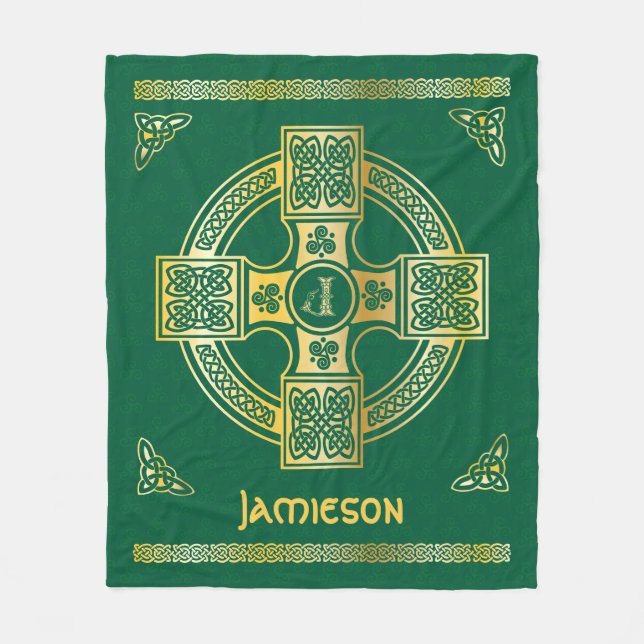 Celtic Cross and Knot Letter J Monogram and Name Fleece Blanket (Front)
