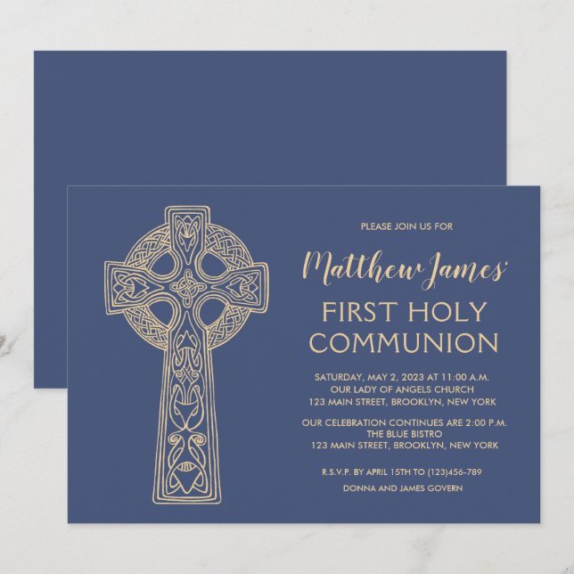 Celtic Cross First Communion Invitation for Boys (Front/Back)
