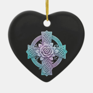 Celtic cross, pastel colors, rose in the center ceramic tree decoration