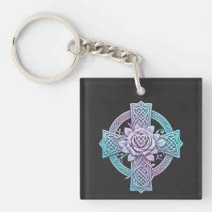 Celtic cross, pastel colors, rose in the center key ring