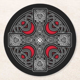 Celtic cross red colour round paper coaster