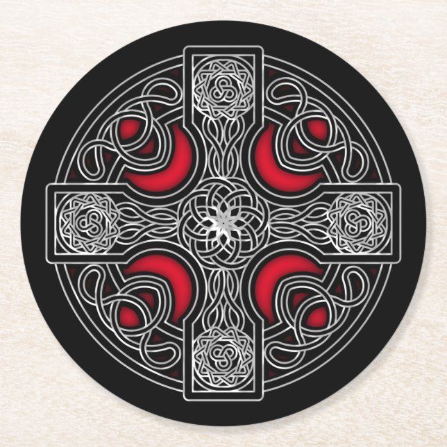 Celtic cross red colour round paper coaster (Front)