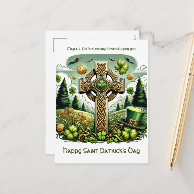 Celtic Cross: Saint Patrick's Day Celebration Holiday Postcard (Front/Back In Situ)