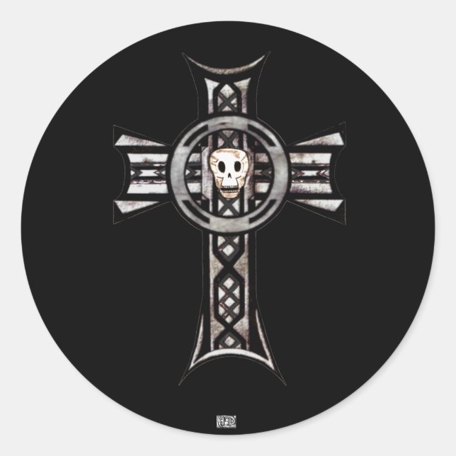 Celtic Cross & Skull (Silver) Classic Round Sticker (Front)