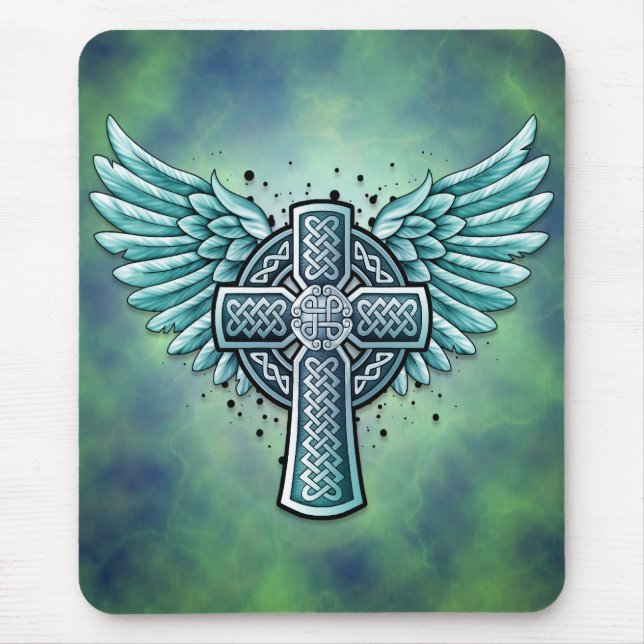 Celtic Cross With Wings (blue) Mouse Mat (Front)