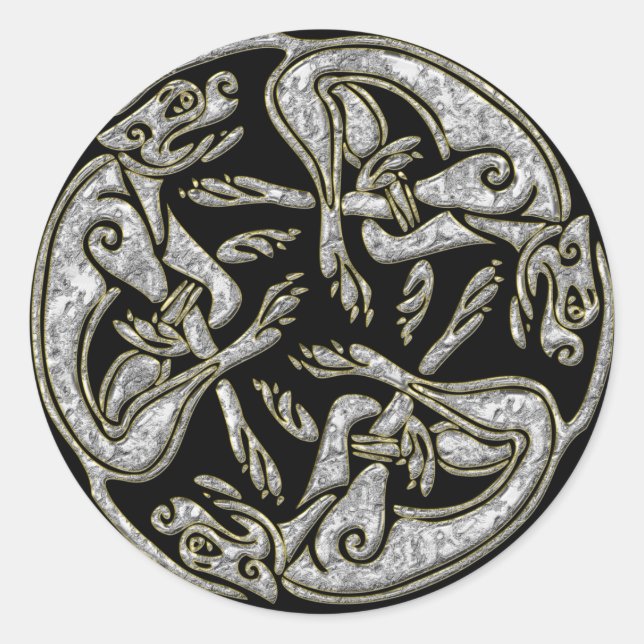 Celtic dogs traditional ornament gold and silver classic round sticker (Front)