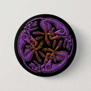Celtic dogs traditional ornament in purple, orange 6 cm round badge