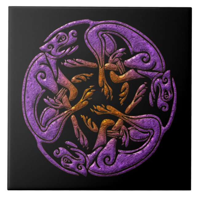 Celtic dogs traditional ornament in purple, orange tile (Front)