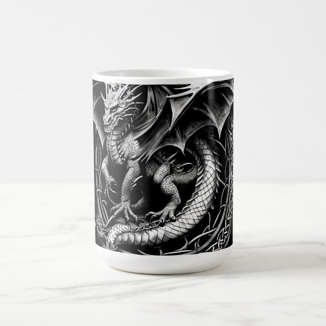Celtic Dragon Elegance: Black & Grey Abstract Tatt Coffee Mug (Center)