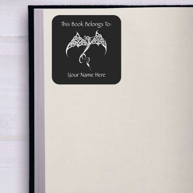 Celtic Dragon Knotwork Black White Bookplate Square Sticker (Creator Uploaded)