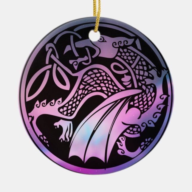 Celtic Dragon Round Ceramic Tree Decoration (Front)