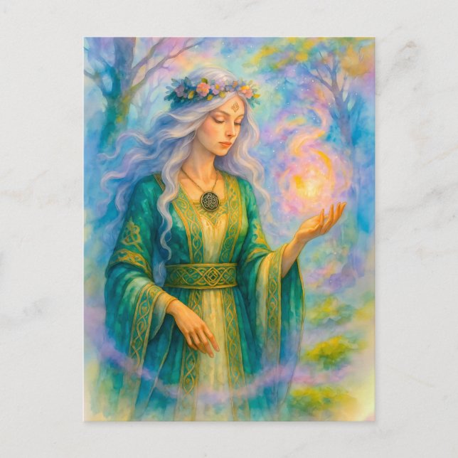 Celtic druidess conjures glowing energy sphere holiday postcard (Front)