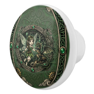 Celtic Emerald Fairy & Dragon – Enchanted Fantasy. Ceramic Knob