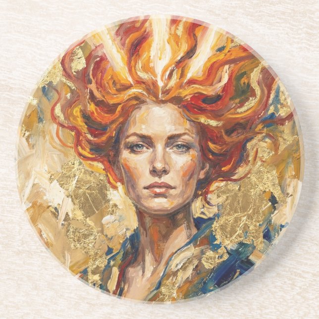 Celtic Fire Goddess Brigid Gold Leaf Fantasy Art Coaster (Front)