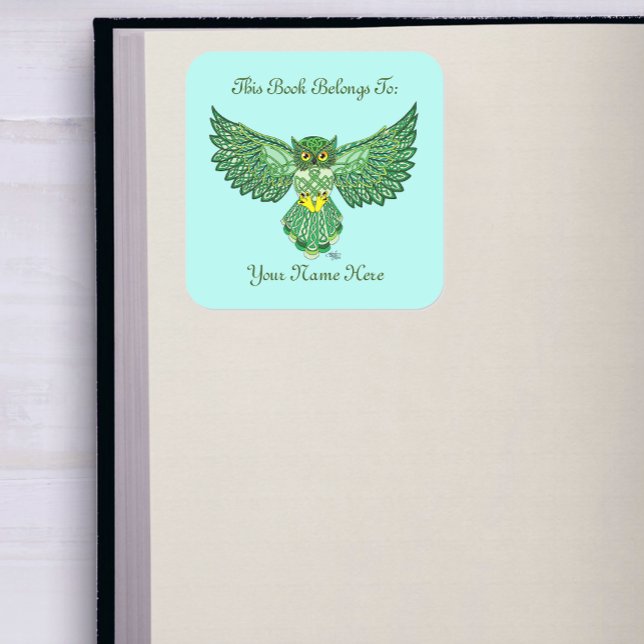 Celtic Flight Owl Green Bookplate  Square Sticker (Creator Uploaded)