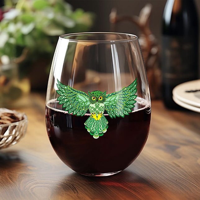 Celtic Flight Owl Green Stemless Wine Glass (Creator Uploaded)