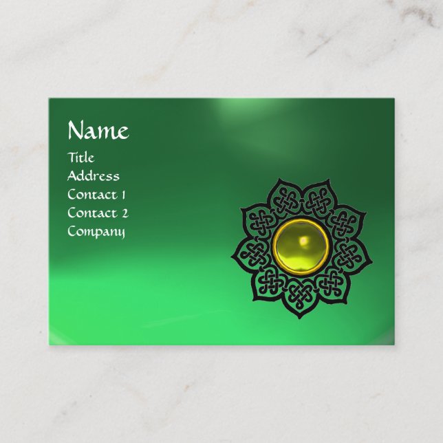 CELTIC FLOWER YELLOW GEM MONOGRAM Emerald Green Business Card (Front)