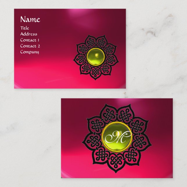 CELTIC FLOWER YELLOW GEMSTONE MONOGRAM Pink Ruby Business Card (Front/Back)