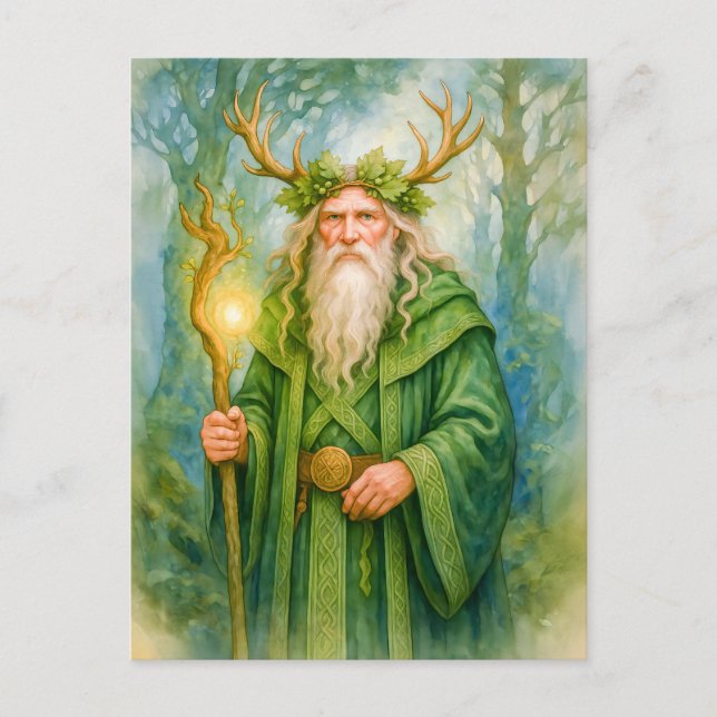 Celtic forest druid with antler crown holiday postcard (Front)