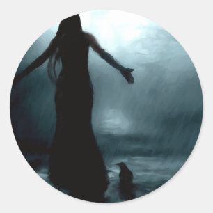 celtic goddess morrigan crow raven rain water classic round sticker