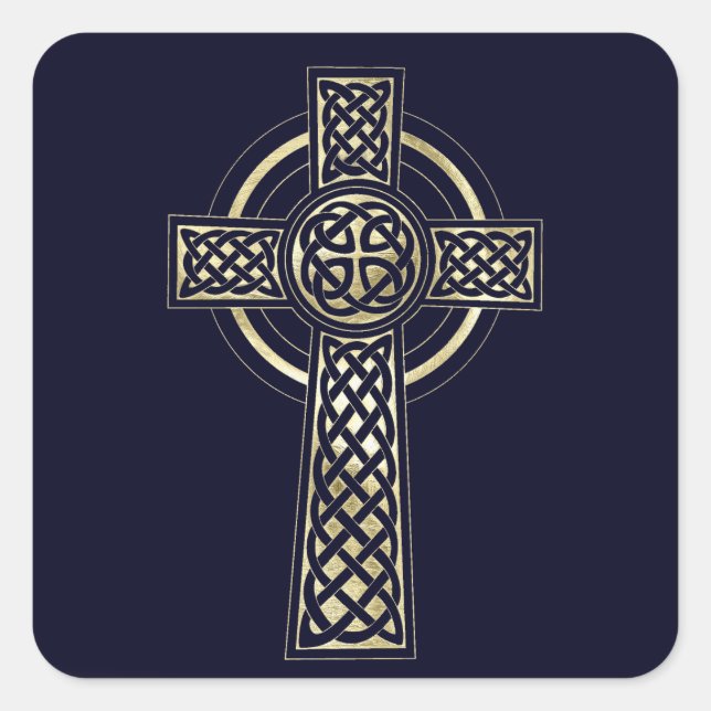 Celtic gold cross deep navy blue background square sticker (Front)