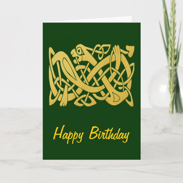 Celtic Golden Snake on Dark Green Birthday Card (Front)