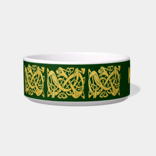 Celtic Golden Snake on Dark Green Cat Bowl
