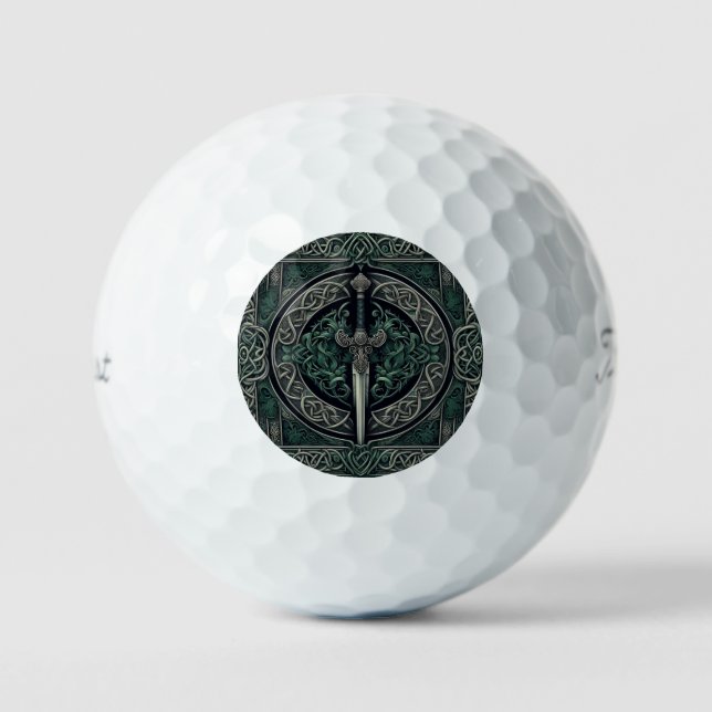 Celtic Green and Silver Sword Golf Balls (Front)