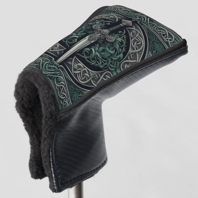 Celtic Green and Silver Sword Golf Head Cover (3/4 Front)