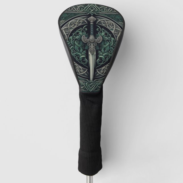 Celtic Green and Silver Sword Golf Head Cover (Front)