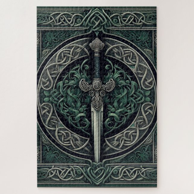Celtic Green and Silver Sword Jigsaw Puzzle (Vertical)