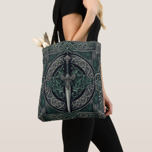 Celtic Green and Silver Sword Tote Bag