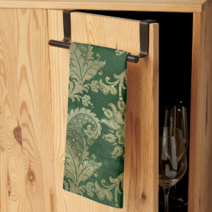 Celtic Green Gold Paisley Floral Pattern Tea Towel