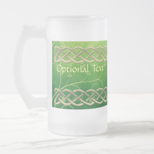 Celtic Green Knots & Leaves Frosted Glass Beer Mug (Left)