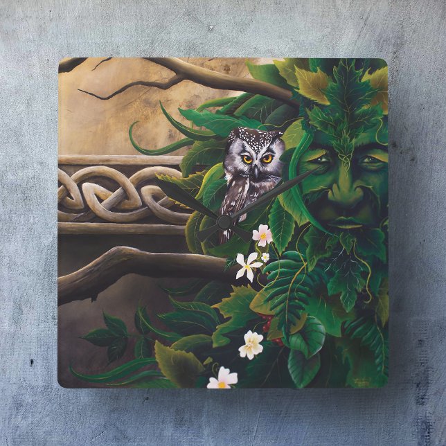 Celtic Green Man Owl Forest Spirit Fantasy Square Wall Clock (Creator Uploaded)