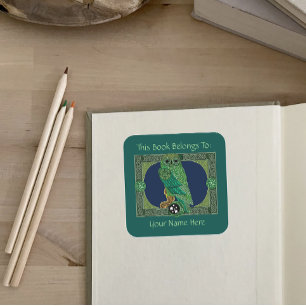 Celtic Green Owl Bookplate Square Sticker