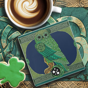 Celtic Green Owl Glass Coaster