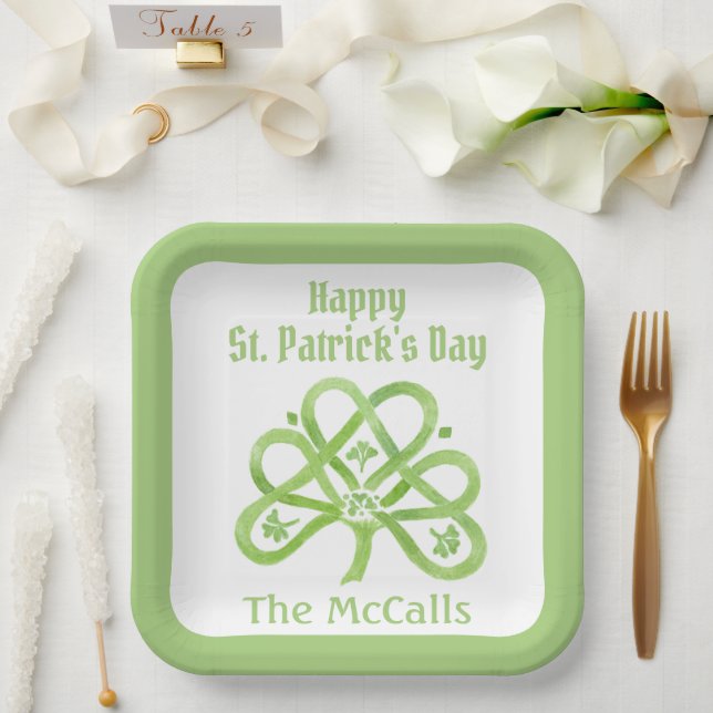 Celtic Green Watercolor Shamrock NAME St Patricks  Paper Plate (Wedding)