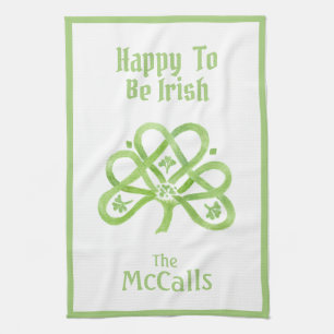 Celtic Green Watercolor Shamrock NAME Tea Towel