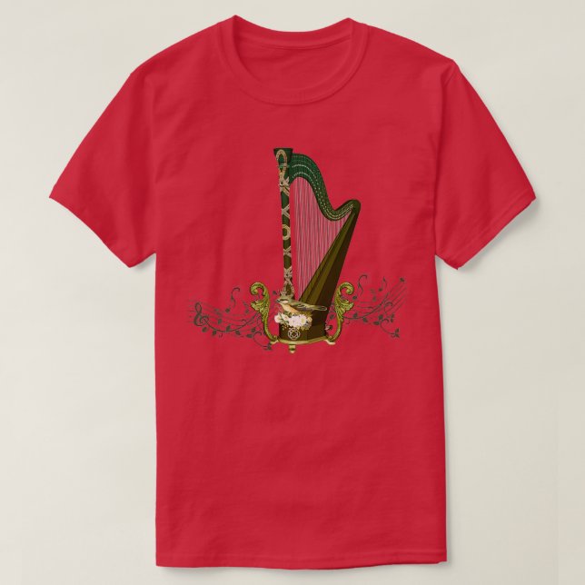 Celtic harp with celtic knot and flowers with bird T-Shirt (Design Front)