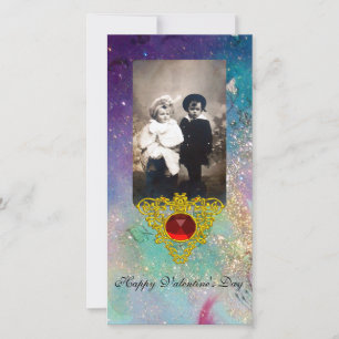 CELTIC HEART IN BLUE GREEN ,TEAL ,GOLD SPARKLES HOLIDAY CARD