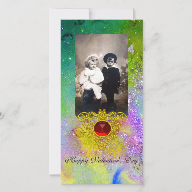 CELTIC HEART IN VIOLET,GREEN ,YELLOW GOLD SPARKLES HOLIDAY CARD (Front)