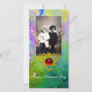 CELTIC HEART IN VIOLET,GREEN ,YELLOW GOLD SPARKLES HOLIDAY CARD