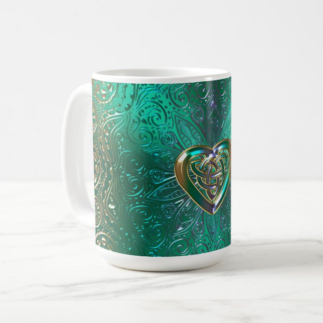 Celtic Heart Mandala In Green and Gold Original Coffee Mug (Front Left)