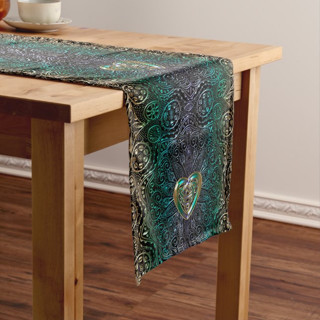 Celtic Heart Mandala In Green and Gold Original Long Table Runner (In Situ)