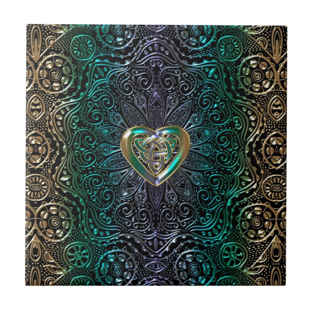 Celtic Heart Mandala In Green and Gold Original Tile (Front)