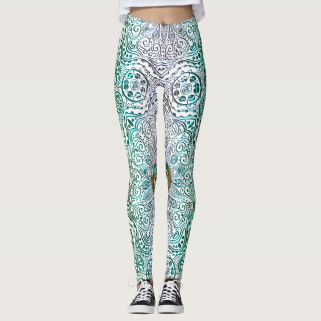 Celtic Heart Mandala In Green Gold Leggings (Front)