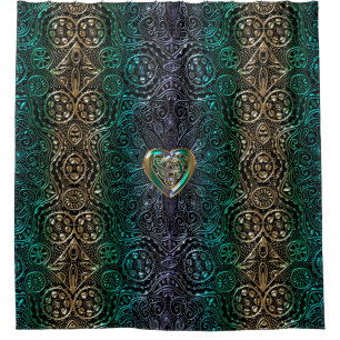 Celtic Heart Mandala In Green Gold Shower Curtain