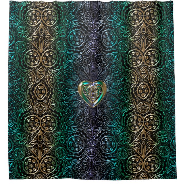 Celtic Heart Mandala In Green Gold Shower Curtain (Front)